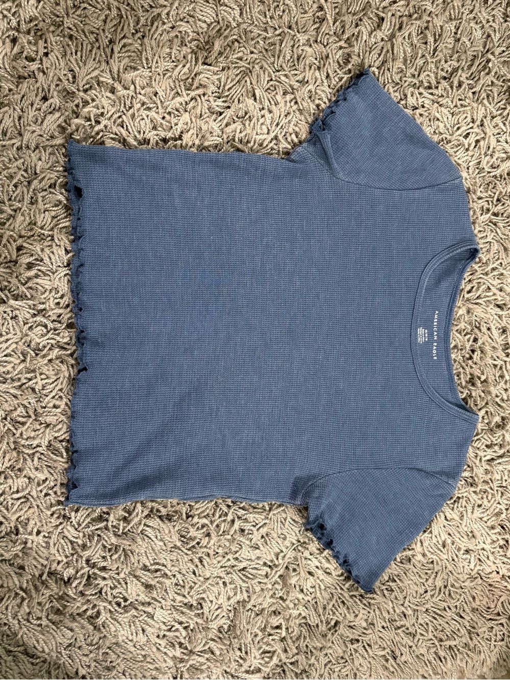 Blue Ribbed Short Sleeve Tee with Lettuce Hem